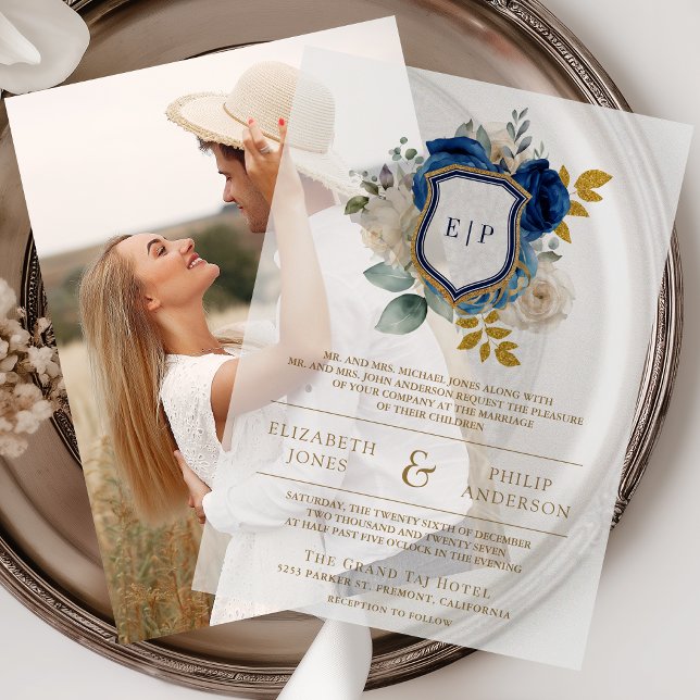Royal Blue Floral Crest Monogram Wedding Vellum Invitations (Creator Uploaded)