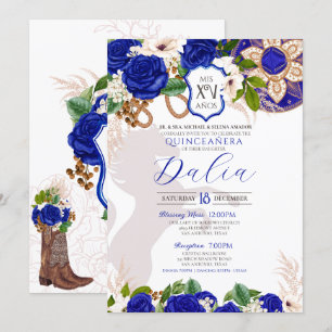 Royal Blue Floral Crest Rose Charro Quinceañera Invitation