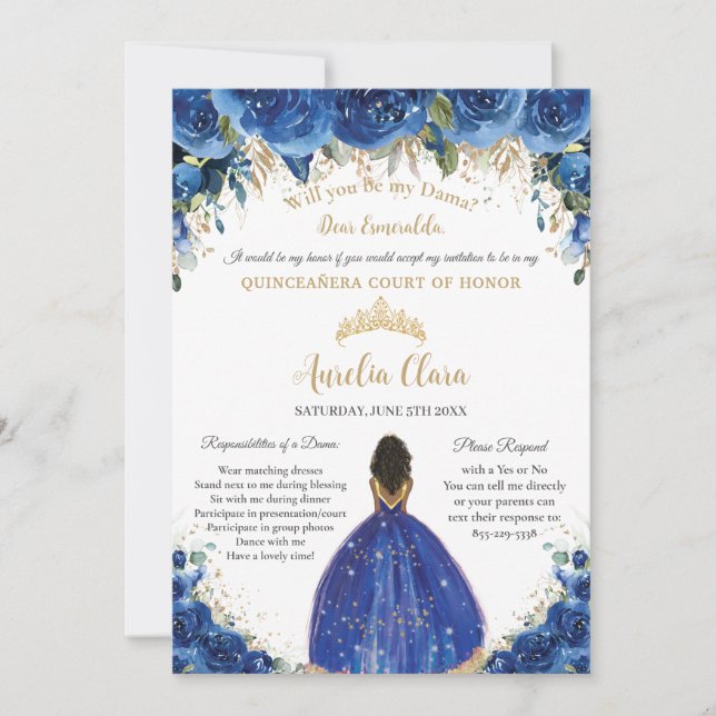 Royal Blue Floral Dama Request Gold Quinceañera XV Invitation (Front)
