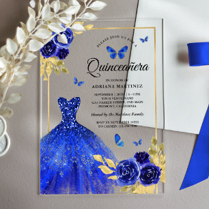 Royal Blue Floral Dress Butterfly Gold Quinceanera Acrylic Invitations