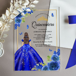 Royal Blue Floral Dress Butterfly Quinceanera  Acrylic Invitations