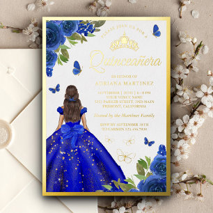 Royal Blue Floral Dress Butterfly Quinceanera Gold