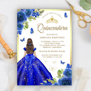 Royal Blue Floral Dress Butterfly Quinceanera Invitation