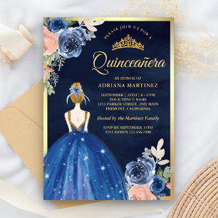 Royal Blue Floral Dress Navy Gold Quinceanera Invitation
