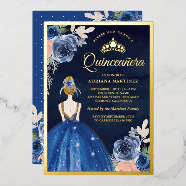 Royal Blue Floral Dress Navy Quinceanera Gold (Front/Back)