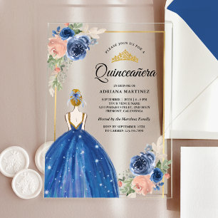 Royal Blue Floral Dress Princess Gold Quinceanera Acrylic Invitations