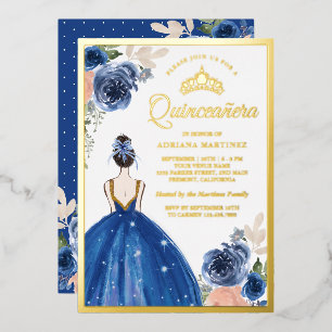 Royal Blue Floral Dress Princess Quinceanera Gold
