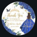 Royal Blue Floral Dress Quinceañera Vintage Gold Classic Round Sticker<br><div class="desc">Personalise these beautiful royal blue floral round sticker labels easily and quickly. Simply click the "Edit Using Design Tools" button to modify the text, wording, font style, font size, and font colour. You can also add or remove text, and move or remove images. The butterflies, quince girl and crown are...</div>