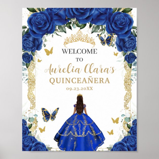 Royal Blue Floral Dress Quinceañera Vintage Gold Poster (Front)