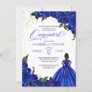 Royal Blue Floral Elegant Afrolatina Quinceanera I Invitation