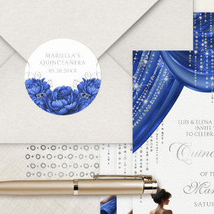 Royal Blue Floral Elegant Quinceanera Classic Round Sticker