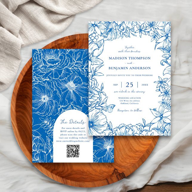 Royal Blue Floral Garden Arch RSVP QR Code Wedding Invitation (Creator Uploaded)
