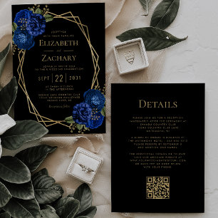 Royal Blue Floral Gold Black QR Code Wedding Invitation