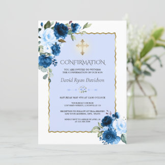 Royal Blue Floral Gold Cross Boy Confirmation Invitation