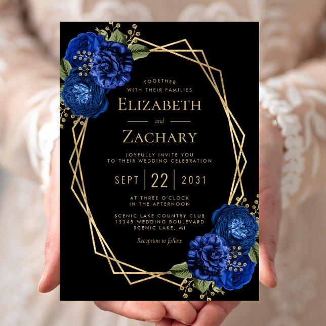 Royal Blue Floral Gold Geometric Black Wedding Invitation (Creator Uploaded)