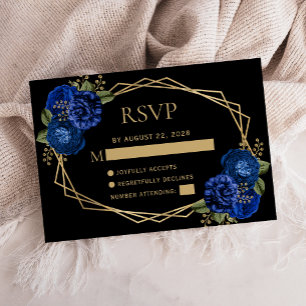 Royal Blue Floral Gold Geometric Black Wedding RSVP Card