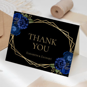 Royal Blue Floral Gold Geometric Black Wedding Thank You Card