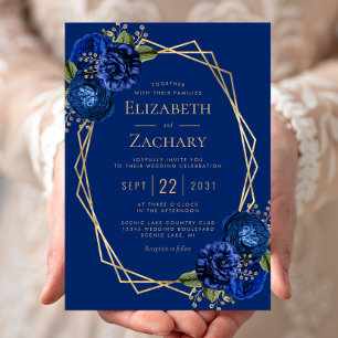 Royal Blue Floral Gold Geometric Wedding Invitation