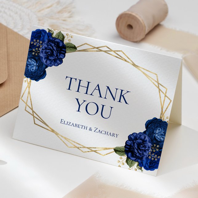 Royal Blue Floral Gold Geometric White Wedding Thank You Card (Creator Uploaded)