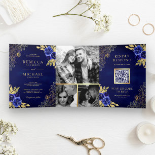 Royal Blue Floral Gold Lace QR Code Wedding Tri-Fold Invitation
