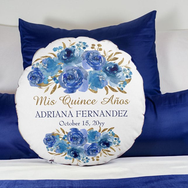 Royal Blue Floral Gold Leaf Quinceanera Keepsake Round Cushion (Blue floral personalized pillow from my Rose and Gold Leaf quinceanera collection)