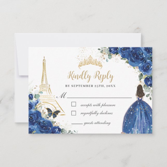 Royal Blue Floral Gold Paris Princess Quinceañera RSVP Card (Front)