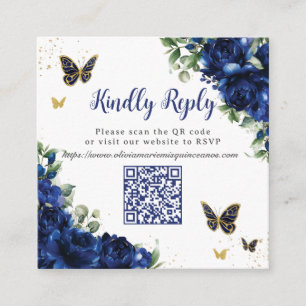 Royal Blue Floral Gold Quinceanera 16 QR Code RSVP Enclosure Card