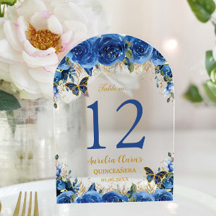 Royal Blue Floral Gold Quinceañera 16 Table Number