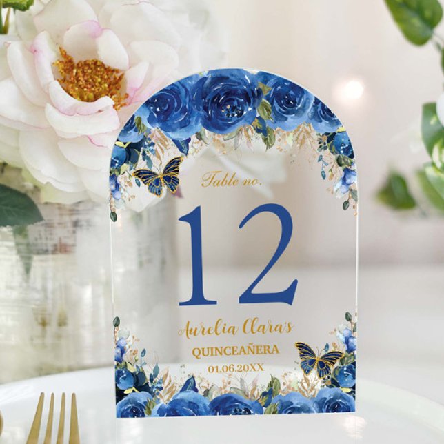 Royal Blue Floral Gold Quinceañera 16 Table Number (royal-blue-floral-gold-butterflies-Quinceañera-quince-sweet-16-birthday-arch-acrylic-table-number)