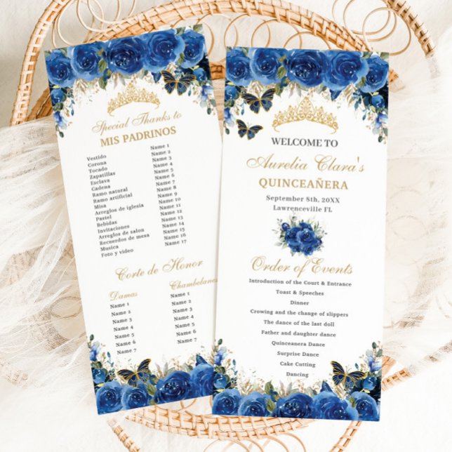 Royal Blue Floral Gold Quinceañera Order of Events Program (Creator Uploaded)