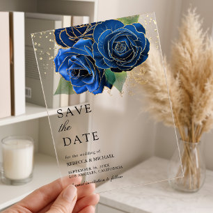 Royal Blue Floral Gold Wedding Save the Date Acrylic Invitations