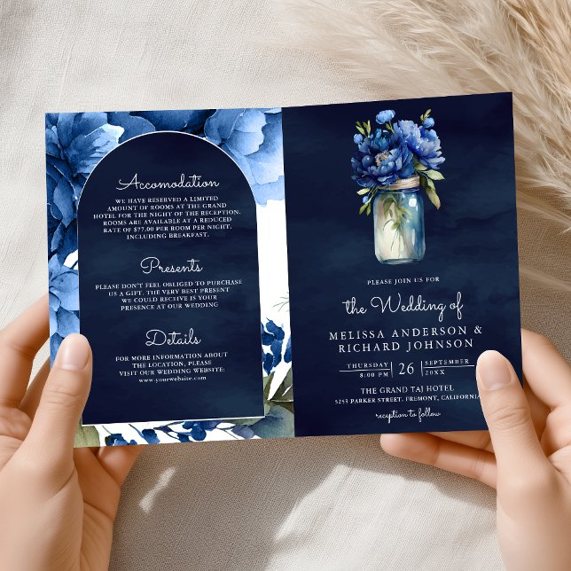 Royal Blue Floral Mason Jar QR Code Navy Wedding Invitation (Creator Uploaded)