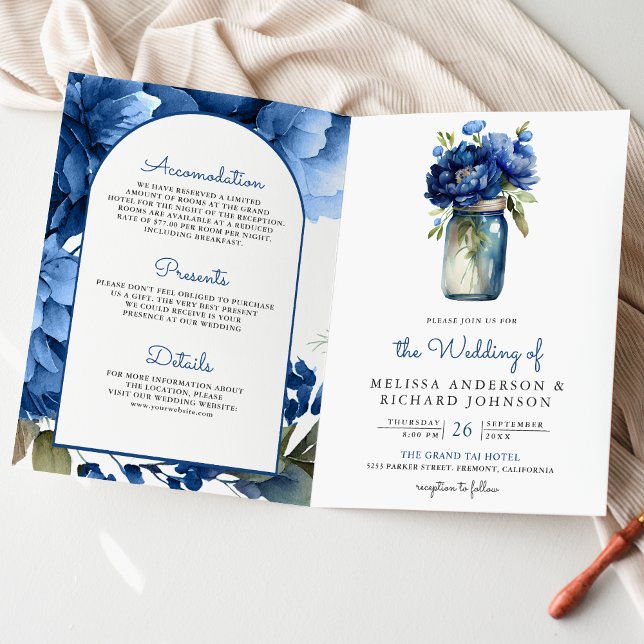 Royal Blue Floral Mason Jar QR Code Wedding Invitation (Creator Uploaded)
