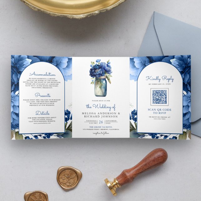 Royal Blue Floral Mason Jar QR Code Wedding Tri-Fold Invitation (Creator Uploaded)