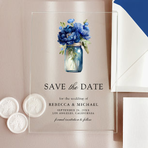 Royal Blue Floral Mason Jar Wedding Save the Date Acrylic Invitations