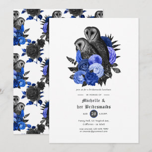 Royal Blue Floral Owls Gothic Bridesmaids Luncheon Invitation