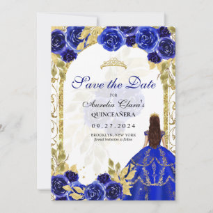 Royal Blue Floral Princess Gold Arch Quinceanera Announcement