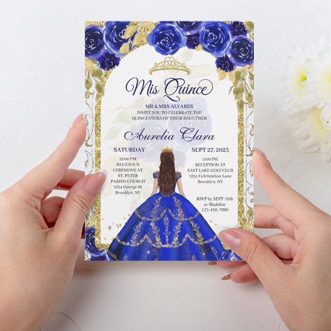 Royal Blue Floral Princess Gold Arch Quinceanera Invitation (Creator Uploaded)