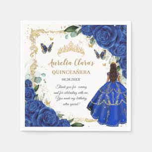 Royal Blue Floral Princess Gold Quinceañera 15 Napkin