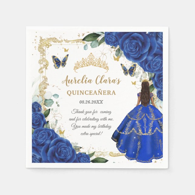 Royal Blue Floral Princess Gold Quinceañera 15 Napkin (Front)