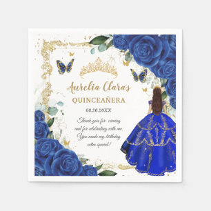 Royal Blue Floral Princess Gold Quinceañera 15 Napkin