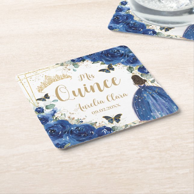 Royal Blue Floral Princess Gold Quinceañera 16 15 Square Paper Coaster (Angled)