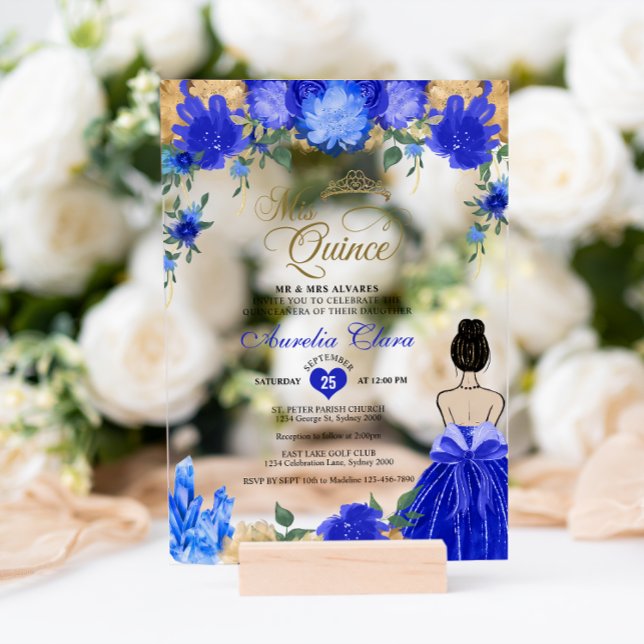 Royal Blue Floral Princess Mis Quince Quinceañera Acrylic Invitations (Creator Uploaded)