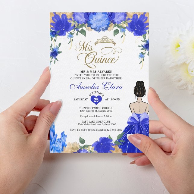 Royal Blue Floral Princess Mis Quince Quinceañera Invitation (Creator Uploaded)