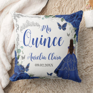 Royal Blue Floral Princess Silver 15 Quinceañera Cushion