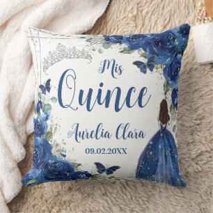 Royal Blue Floral Princess Silver Quinceañera  Cushion