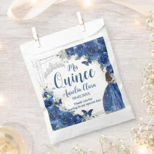 Royal Blue Floral Princess Silver Quinceañera  Favour Bag