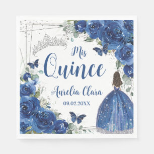 Royal Blue Floral Princess Silver Quinceañera Napkin