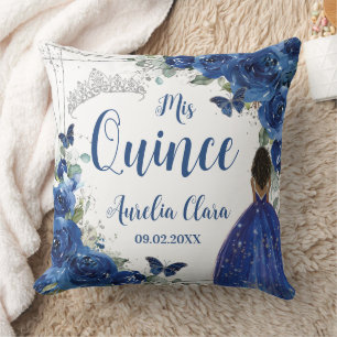 Royal Blue Floral Princess Silver Quinceañera XV Cushion
