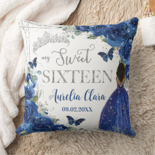Royal Blue Floral Princess Silver Sweet Sixteen 16 Cushion